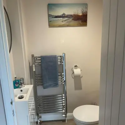 a bathroom with a white toilet and a sink at Klara's House in West Mersea