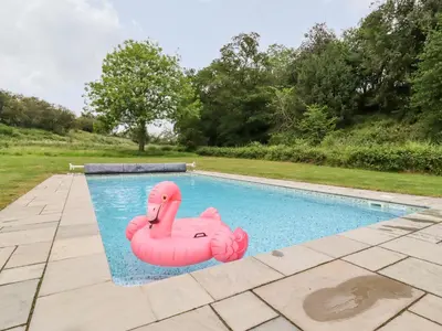 a pool with two inflatable flamingos in the water at The Granary in Colchester