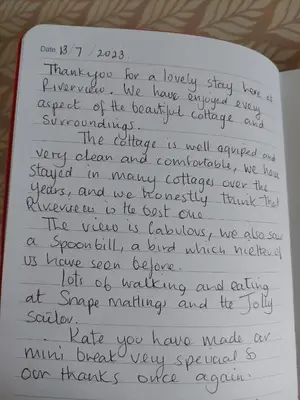 a letter to my mom thanking me for a lovely stray at River View - Stunning estuary views in Aldeburgh