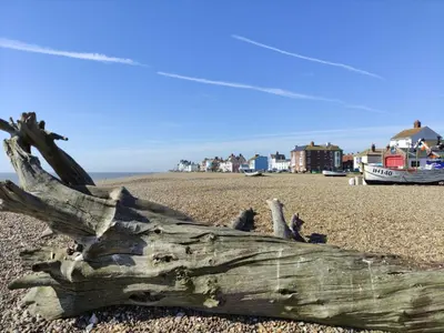 a piece of driftwood on a beach with a boat at 3 St Nicholas Court, Aldeburgh in Aldeburgh