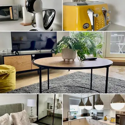 a collage of photos of a living room with a table at Walnut Tree Penthouse Next to Train Station in Cambridge