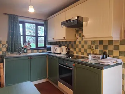 a kitchen with green cabinets and a stove top oven at Cosy Barn Conversion 3BR (4 pax), Quiet, Close to Pin Mill in Chelmondiston