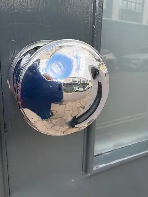 a reflection of a dog in a mirror on a door at Stylish Town House in Medieval Grid in Bury Saint Edmunds