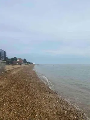 a beach with a rocky shoreline and the ocean at The Nutshell in West Mersea