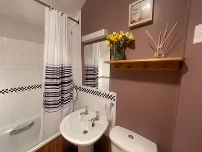 a bathroom with a sink and a toilet and a shower at Pretty Cottage in peaceful village location close To Cambridge in Cambridge