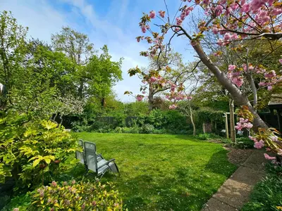 a garden with a bench in the grass at Luxury Self-Catering and Sauna - Oaks Rest in Colchester