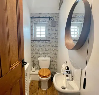 a bathroom with a toilet and a sink and a mirror at The Cart Lodge at Lee Wick Farm Cottages & Glamping in Saint Osyth