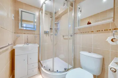 a bathroom with a shower and a toilet and a sink at 4 Bed in Halesworth oc-5river in Halesworth