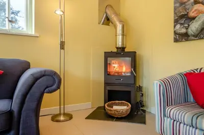 a living room with a fireplace and a tv at 3 Bed in Knodishall oc-wbco in Aldringham