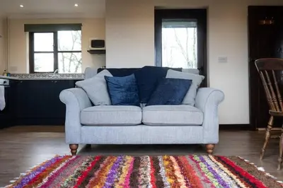a gray couch with blue pillows on a rug in a living room at ROSE CHALET in Framlingham