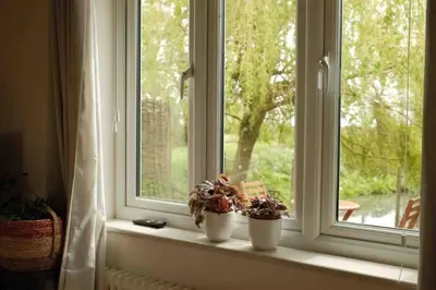 a window with two potted plants on a window sill at Mustard Pot Cottage in Eye