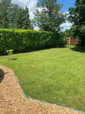 a yard with green grass and a hedge at The Chestnuts Pod with private garden. in Eccles